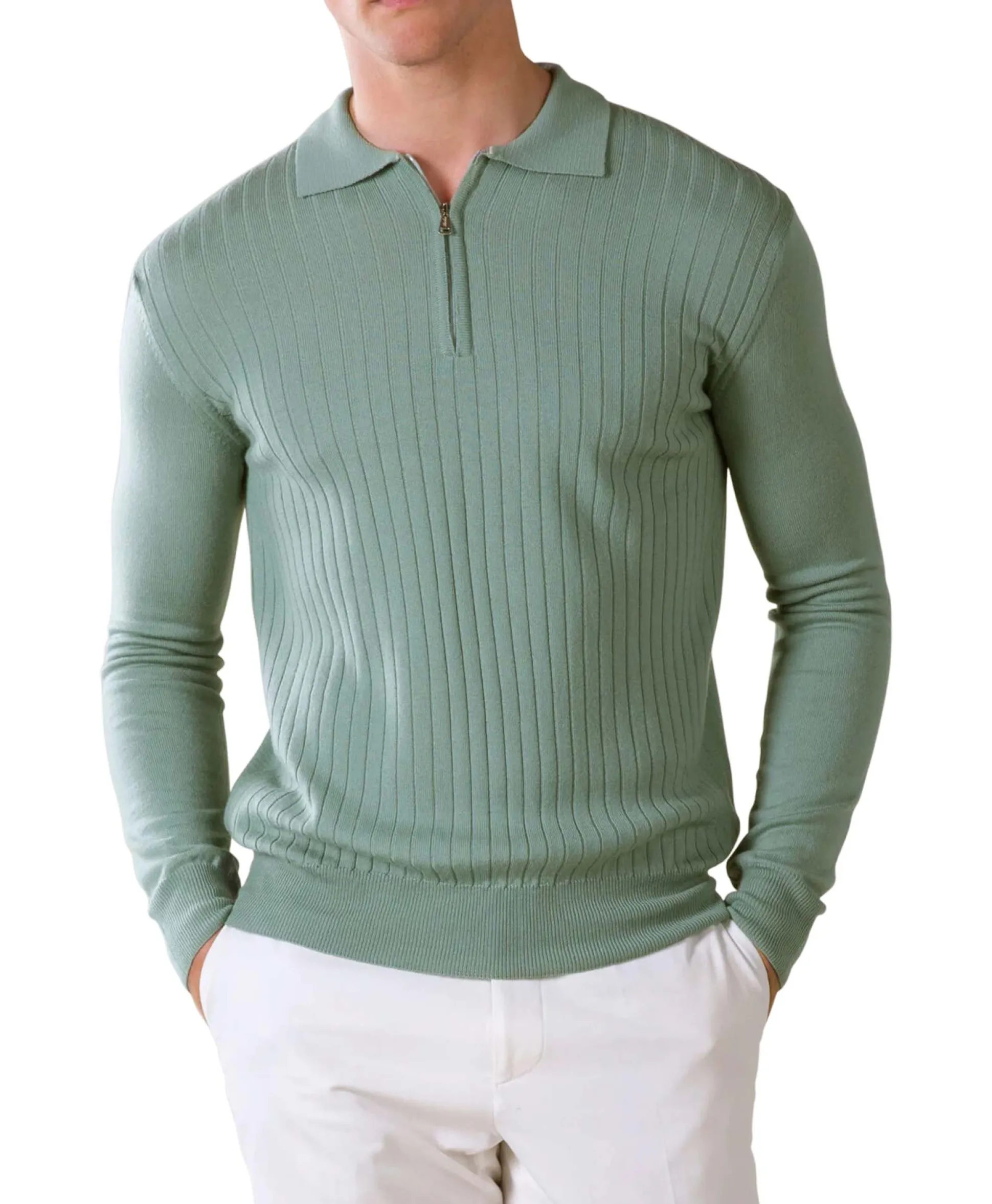 Aurelien Aurelien Pullover Rib Zip Polos Ls Licht Groen