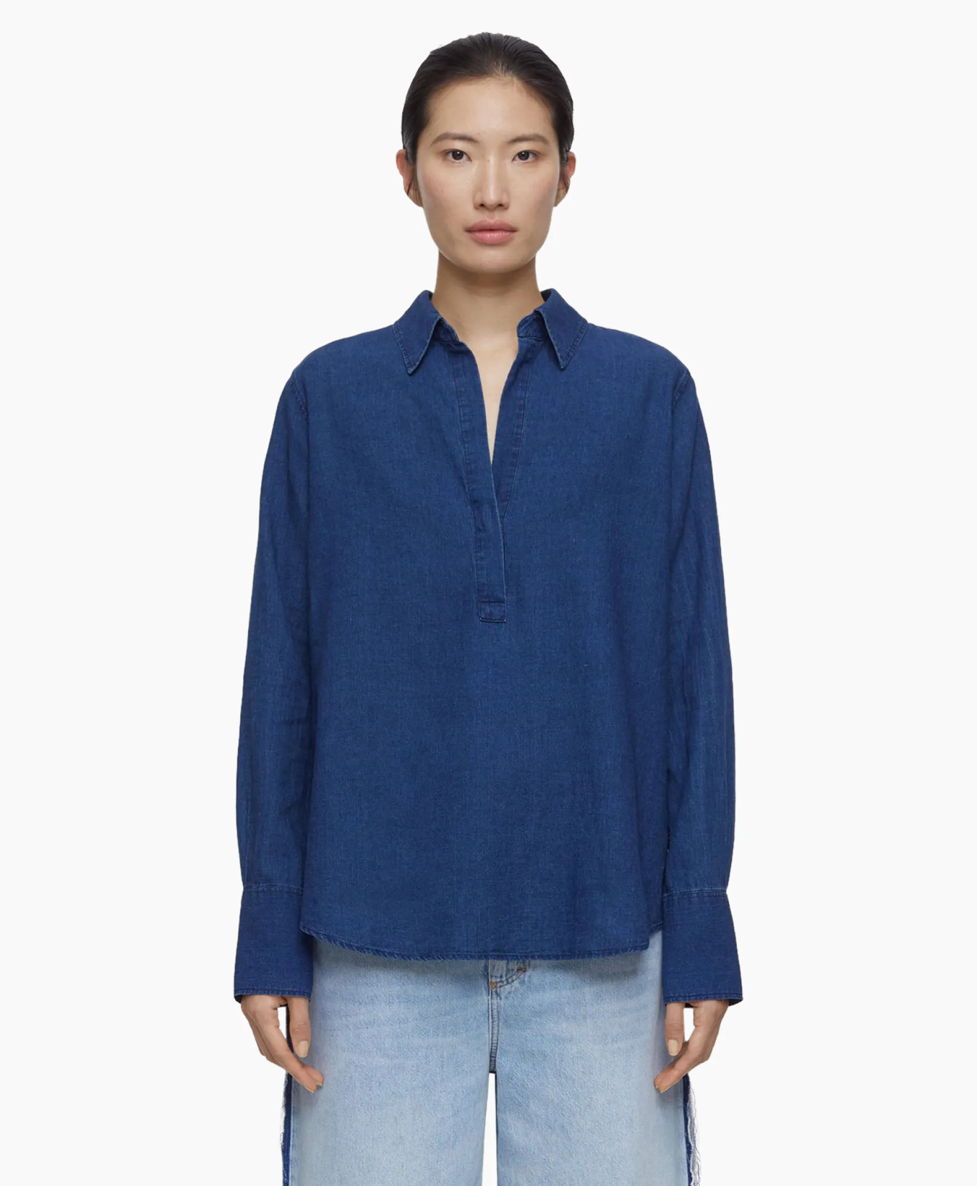 Closed Blouse Open Neck Blauw