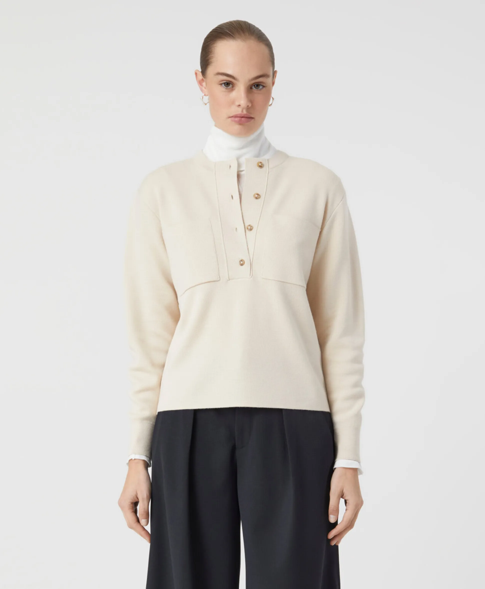 Closed Pullover Crew Neck Henley Beige