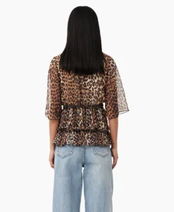 Ganni Blouse Pleated Georgette V-Neck Flounce Bruin