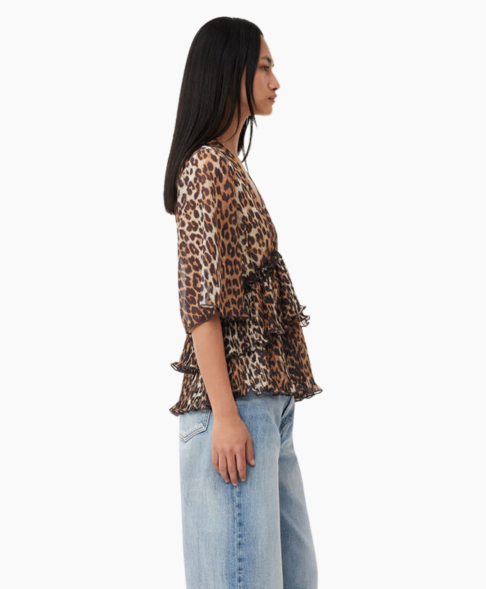 Ganni Blouse Pleated Georgette V-Neck Flounce Bruin