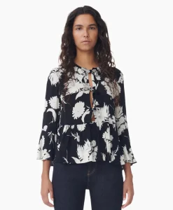 Ganni Blouse Printed Crepe Peplum Zwart