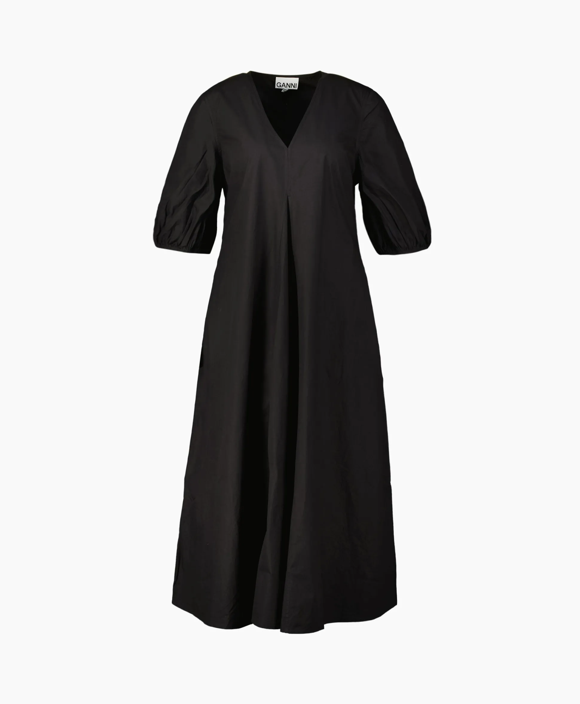 Ganni Maxi Jurk Cotton Poplin V-Neck Long Zwart