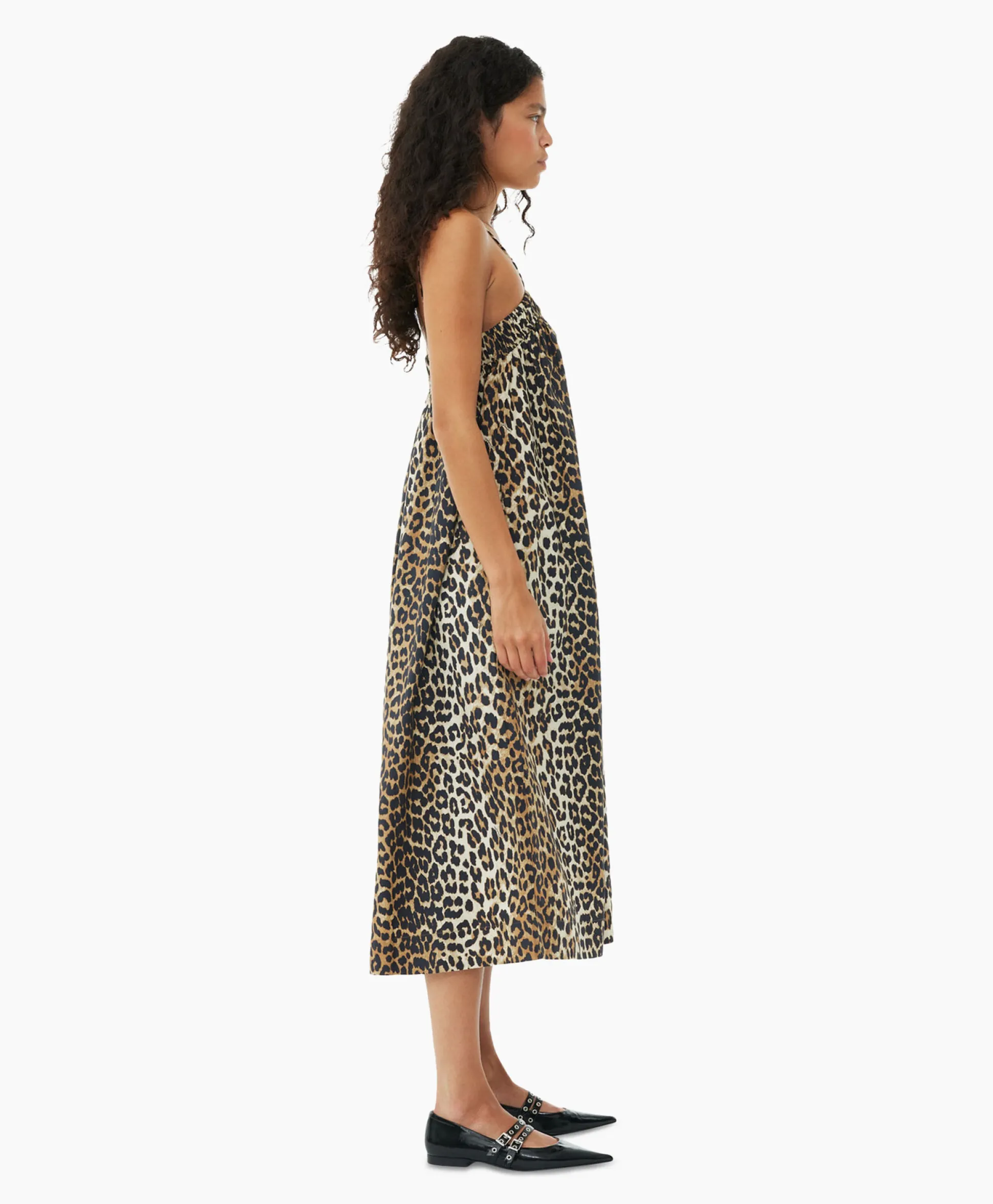 Ganni Midi Jurk Printed Cotton Strap Bruin