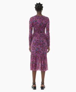 Ganni Midi Jurk Printed Mesh Long Sleeve Gathered Roze