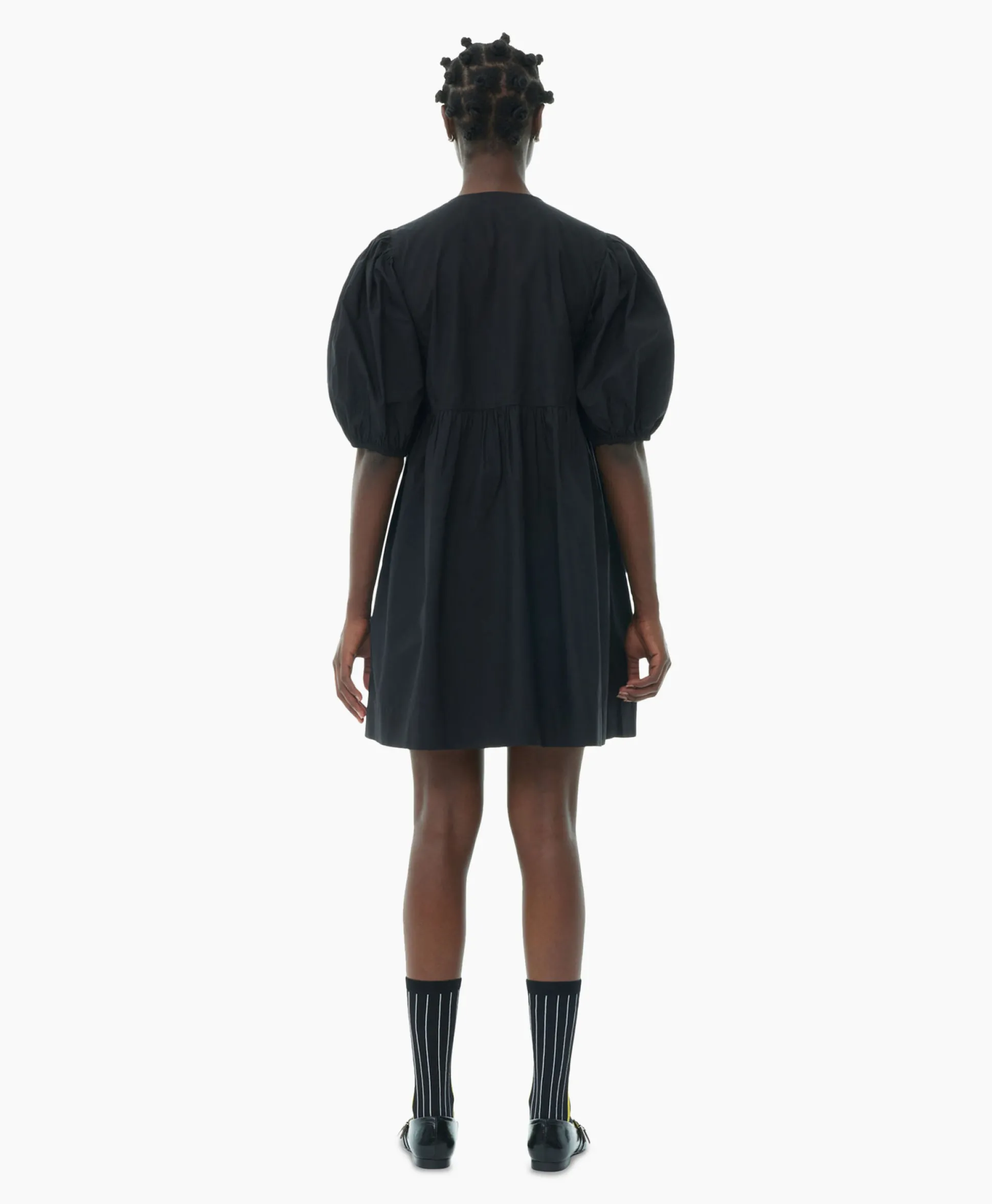 Ganni Mini Jurk Cotton Poplin Tie String Zwart
