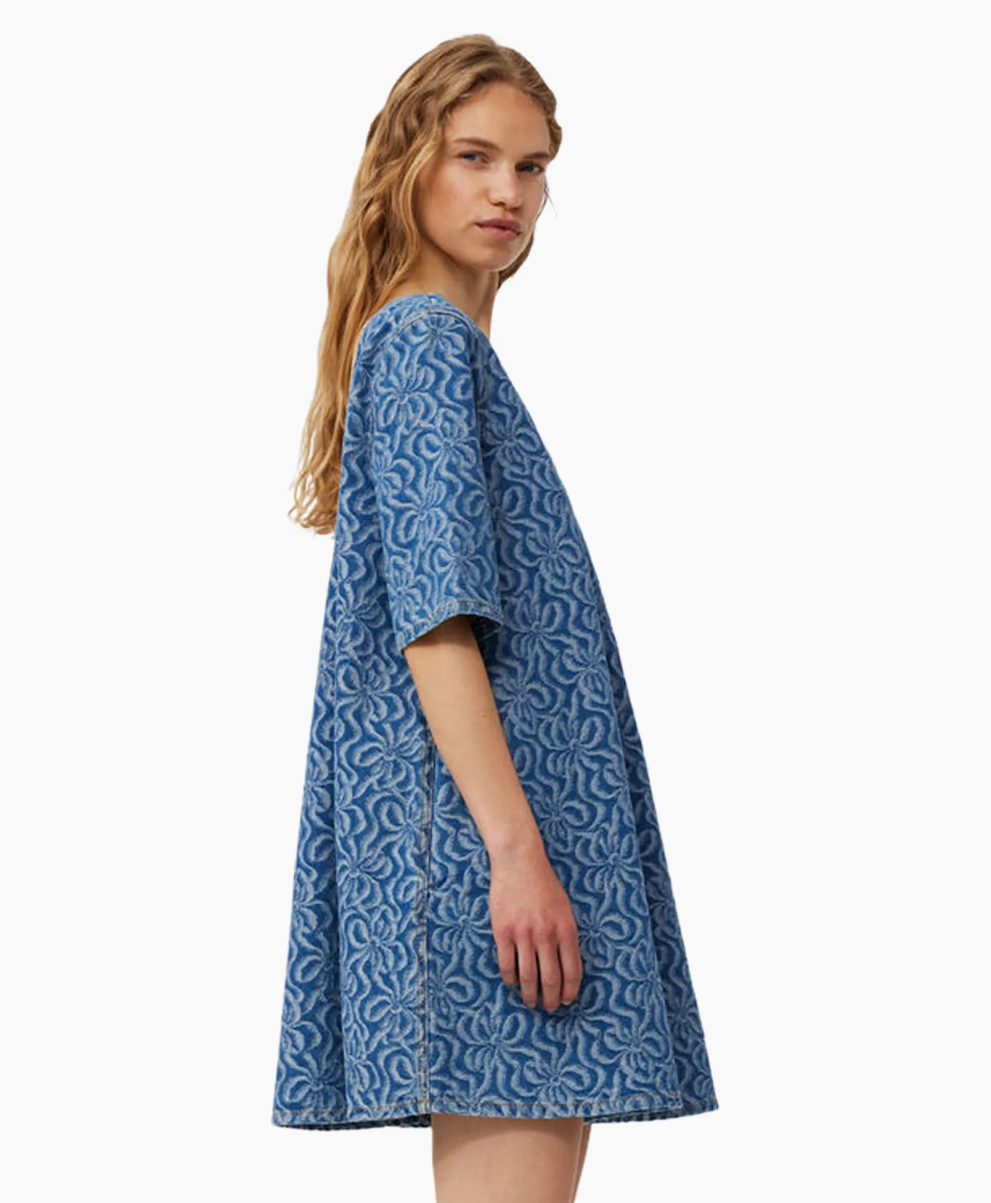 Ganni Mini Jurk Jacquard Denim A-Line Midden Blauw