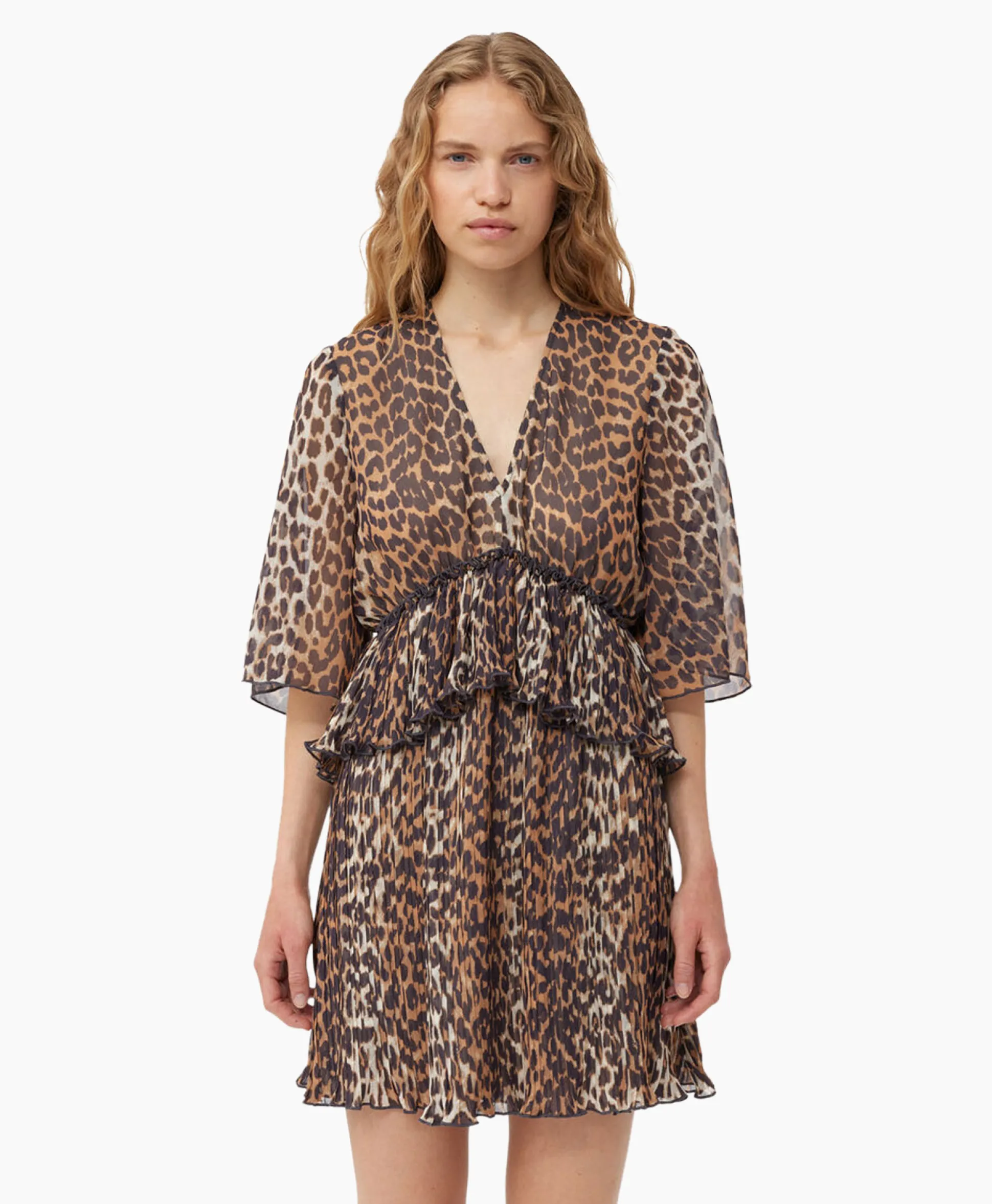 Ganni Mini Jurk Pleated Georgette V-Neck Flounce Bruin