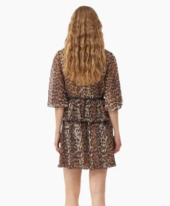Ganni Mini Jurk Pleated Georgette V-Neck Flounce Bruin