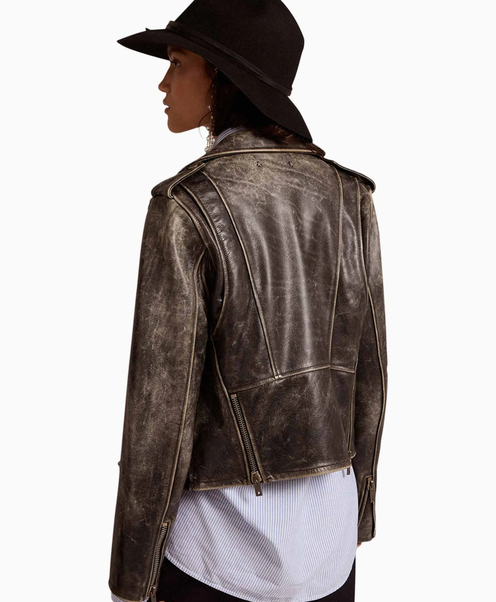 Golden Goose Leren Jas Golden W's Chiodo Distressed Bull Leathe Zwart