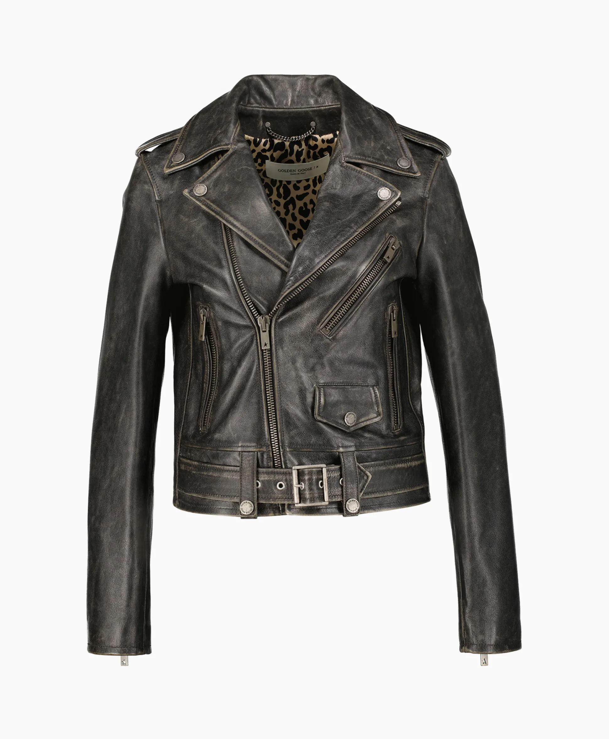 Golden Goose Leren Jas Golden W's Chiodo Distressed Bull Leathe Zwart