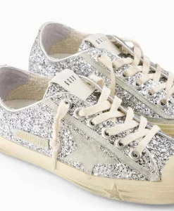 Golden Goose Sneaker V-Star 2 Glitter Upper Rubber Toe Suede St Zilver