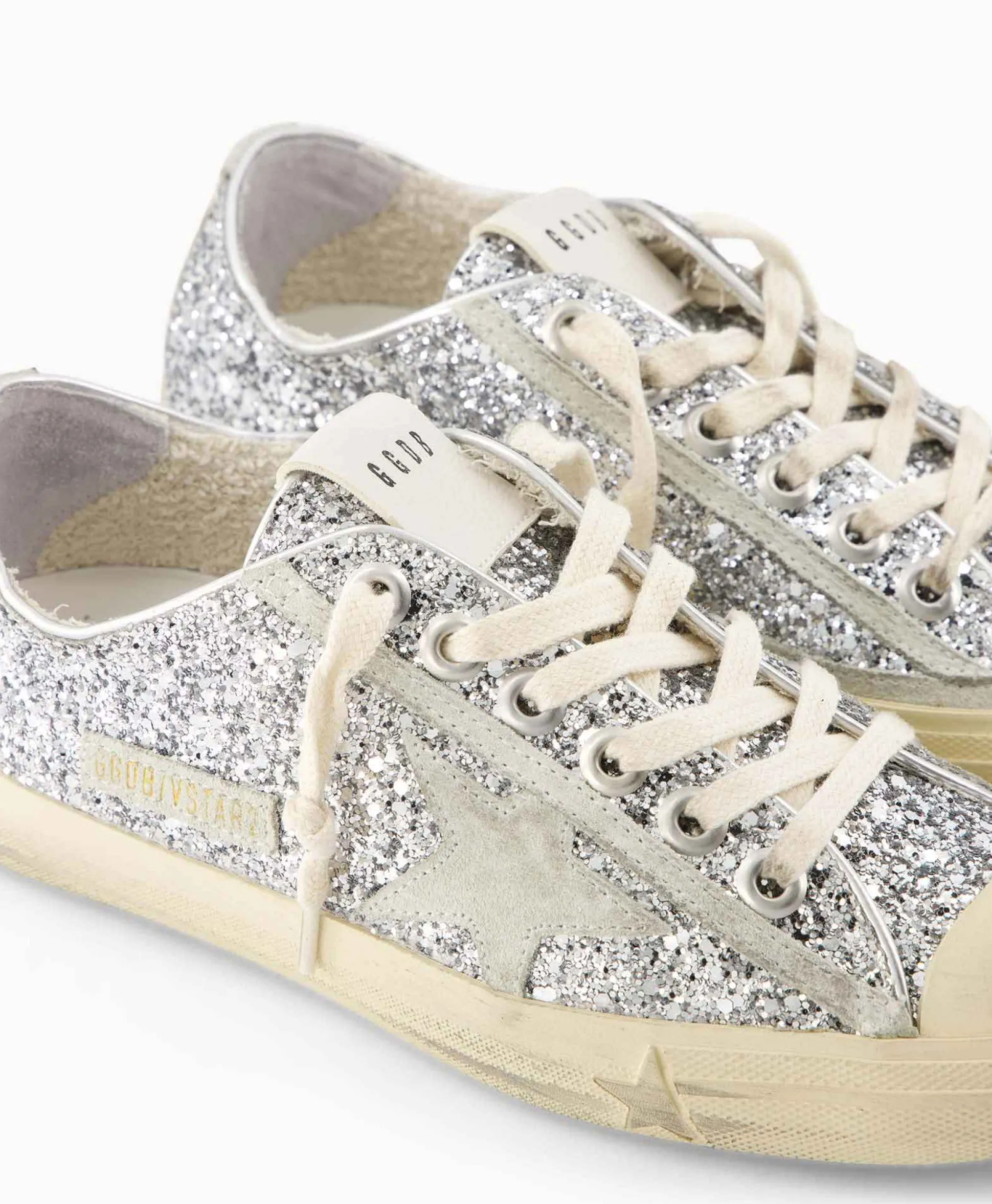 Golden Goose Sneaker V-Star 2 Glitter Upper Rubber Toe Suede St Zilver