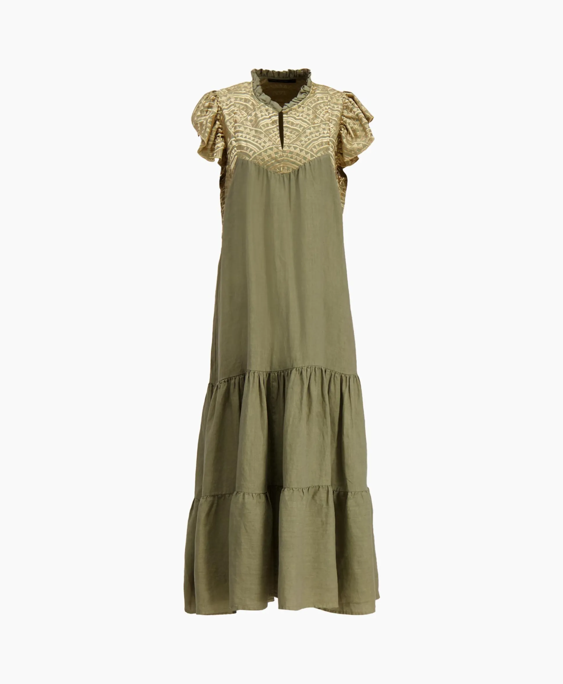 Greek Archaic Kori Maxi Jurk Long New All Over Sleeveless Ruffles Goud