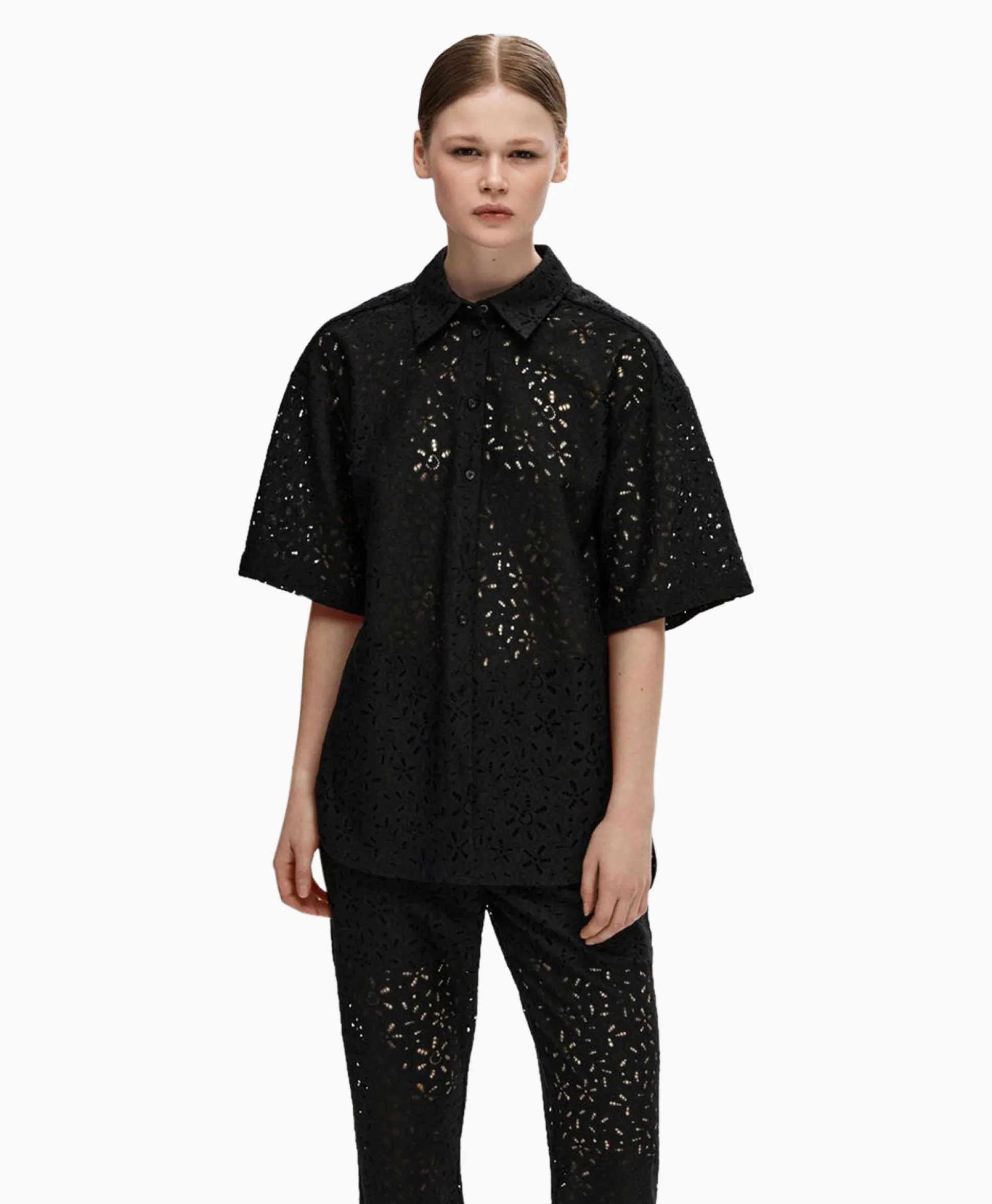 Selected Femme T-Shirt Karola 2/4 Oversize Lace Shirt B Zwart