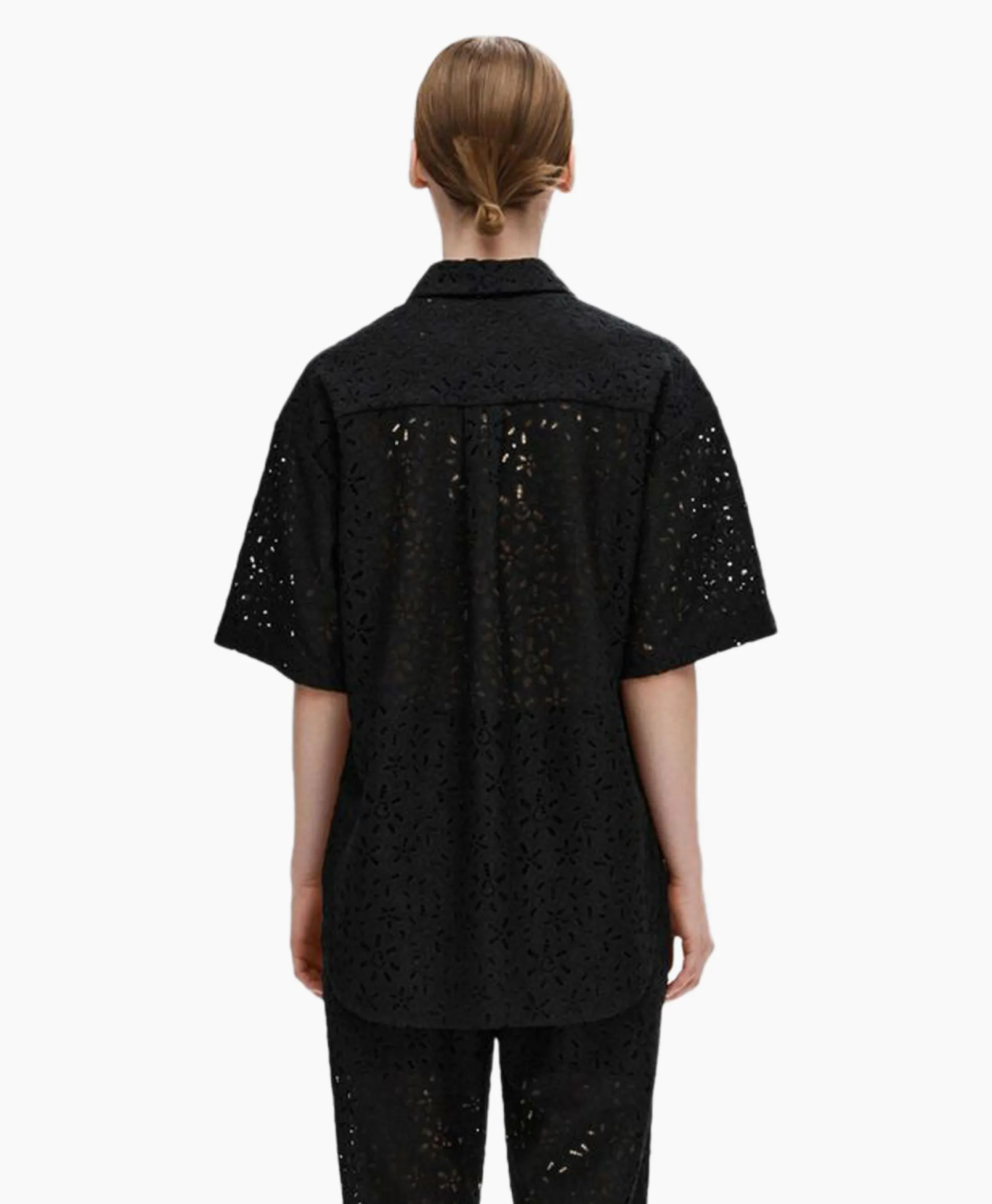 Selected Femme T-Shirt Karola 2/4 Oversize Lace Shirt B Zwart